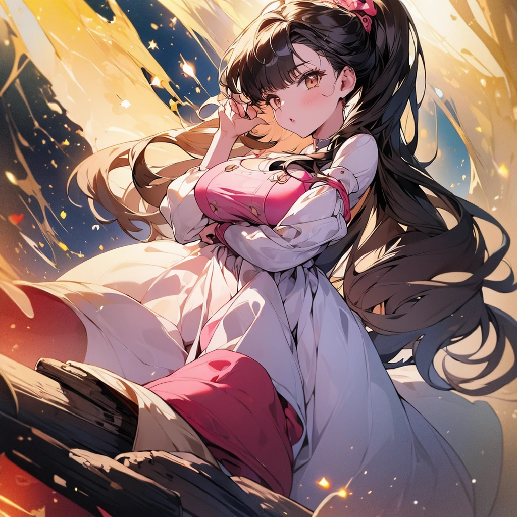 (masterpiece:1.4),, (Best Quality:1.4),, ultra high resolution,, 8k, CG,, (extremely delicate and beautiful:1.2),, , Upper part of the body,, on one side,, looking at the viewer,, , 1 girl,, Alone,, fashion girl,, mature girl,, , Beautiful, Sweet, long brown hair,, ponytail hair,, , Brown eyes,, Closed mouth,, Red lips,, , pink face from the wind,, , White dress,, medium breasts,