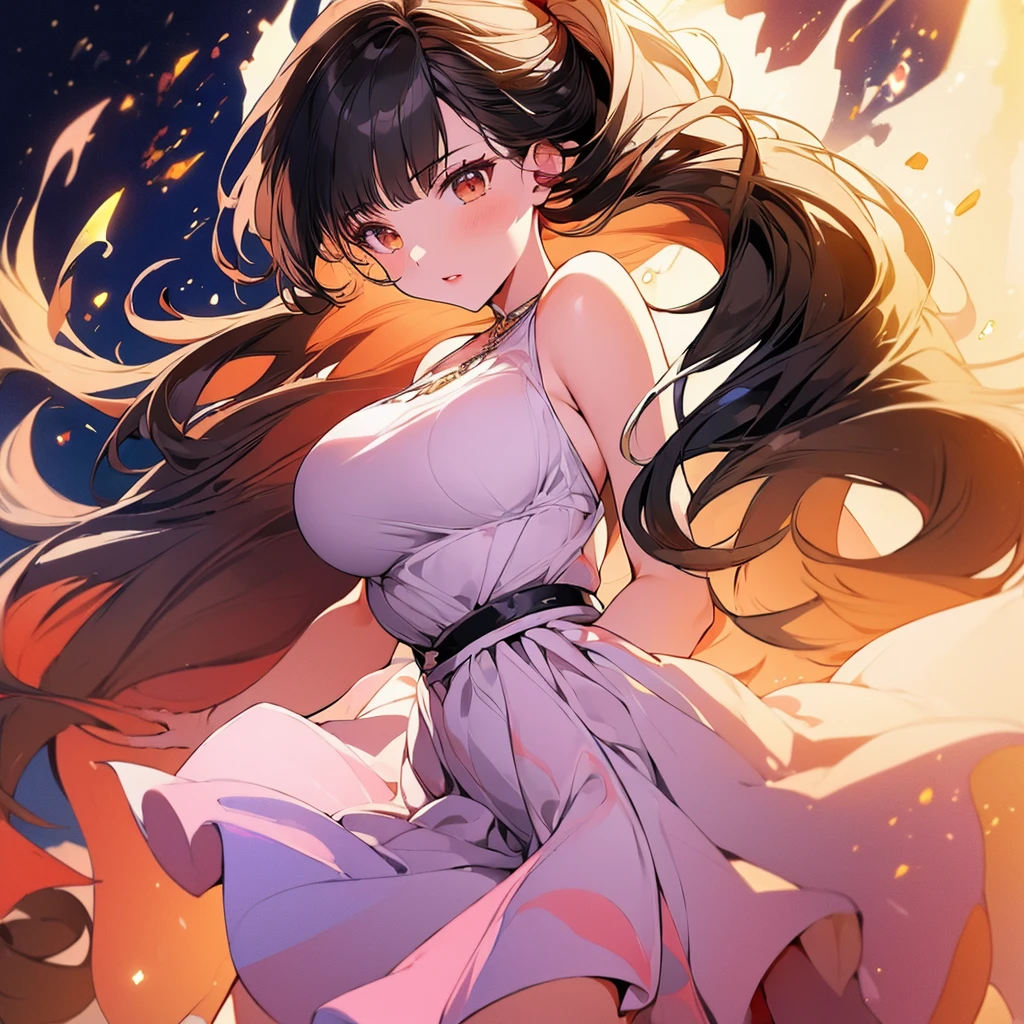 (masterpiece:1.4),, (Best Quality:1.4),, ultra high resolution,, 8k, CG,, (extremely delicate and beautiful:1.2),, , Upper part of the body,, on one side,, looking at the viewer,, , 1 girl,, Alone,, fashion girl,, mature girl,, , Beautiful, Sweet, long brown hair,, ponytail hair,, , Brown eyes,, Closed mouth,, Red lips,, , pink face from the wind,, , White dress,, medium breasts,