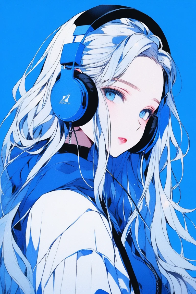 ((masterpiece,Highest quality)), 8k, anime , Realistic ,sketch, anime風のポートレート, ((黒猫を連れたanimeの女性)), 20-year-old, Blue gradient background, Off-the-shoulder knit, Neon long twin tail hair, lip, Big earrings, Wearing headphones, Texture Trim, Canadian, Upper Body, (masterpiece,Highest quality)