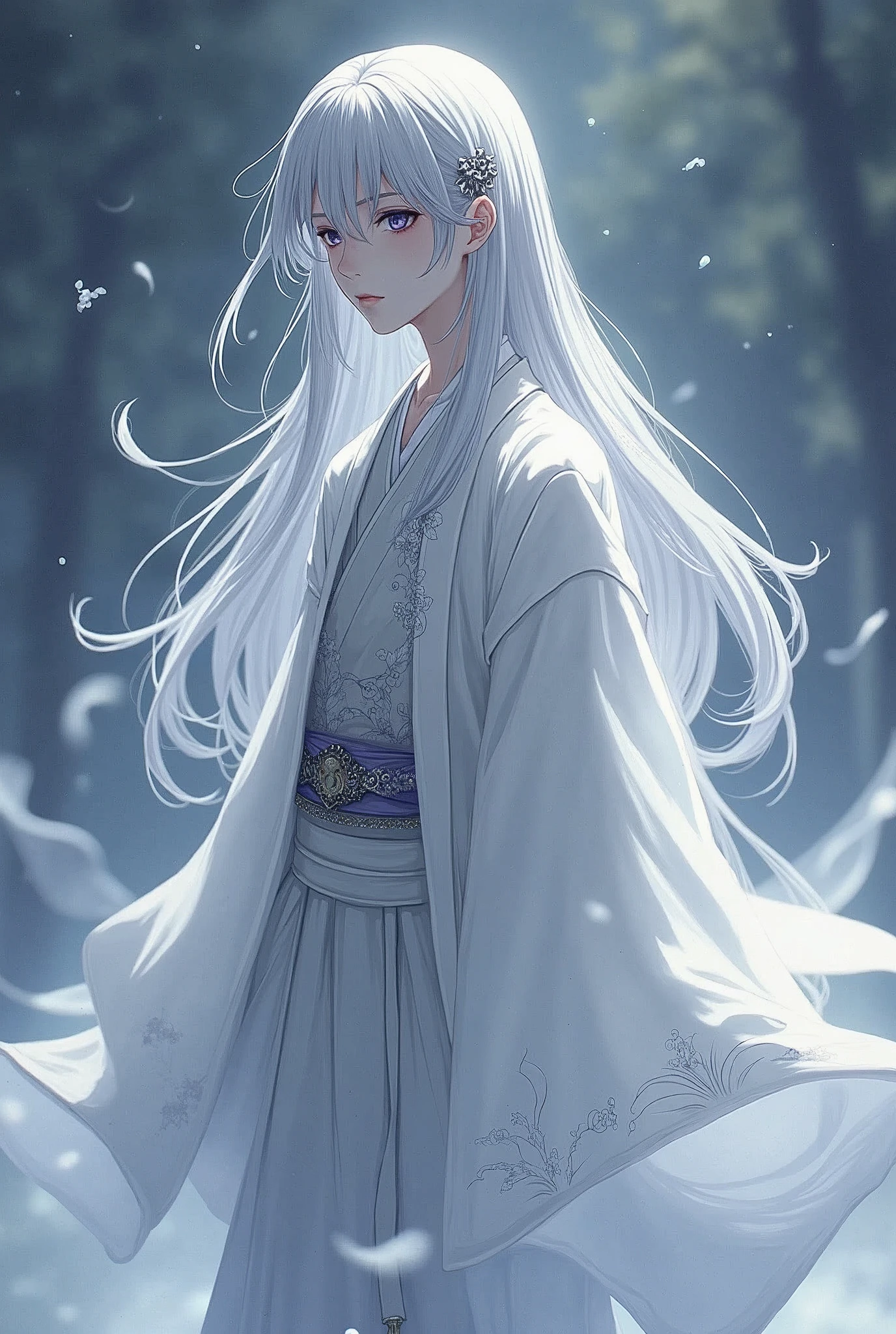 tall and slender, with long silver hair and intense violet eyes. His skin is pale and marked by old scars., that tell stories of past battles. Wears a white haori with silver details, that resembles a dense fog when it moves.
Personalidade: Introspective and calm, Kazuki prefers solitude and meditation. Has a strong sense of justice and honor, but his solitary nature makes him distant and difficult to approach. Despite his serene appearance, hides a deep sadness and a past marked by losses.