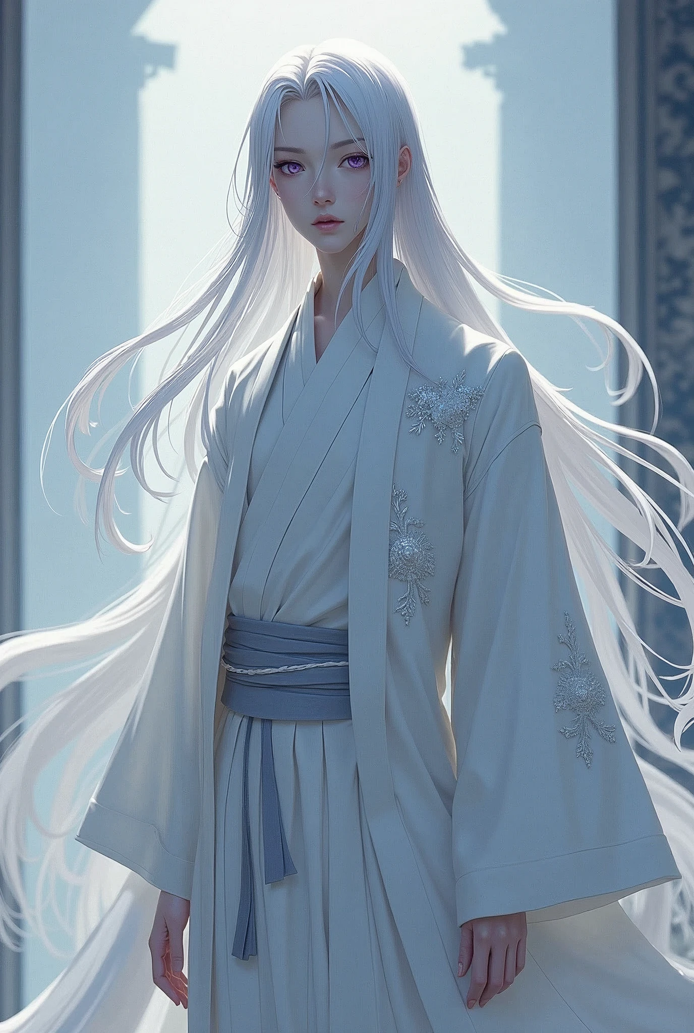 tall and slender, with long silver hair and intense violet eyes. His skin is pale and marked by old scars., that tell stories of past battles. Wears a white haori with silver details, that resembles a dense fog when it moves.
Personalidade: Introspective and calm, Kazuki prefers solitude and meditation. Has a strong sense of justice and honor, but his solitary nature makes him distant and difficult to approach. Despite his serene appearance, hides a deep sadness and a past marked by losses.