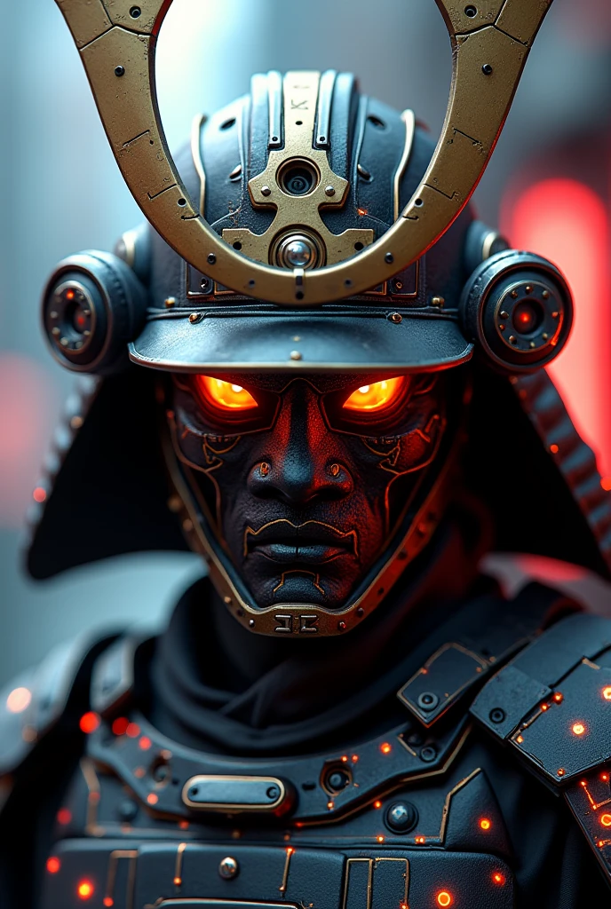 A Japanese samurai mask features components simulating electronic applications