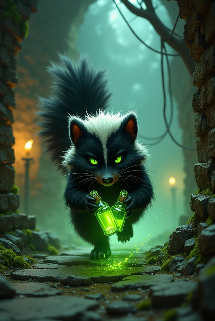 a skunk, holding small vials of green liquid, running through a dungeon