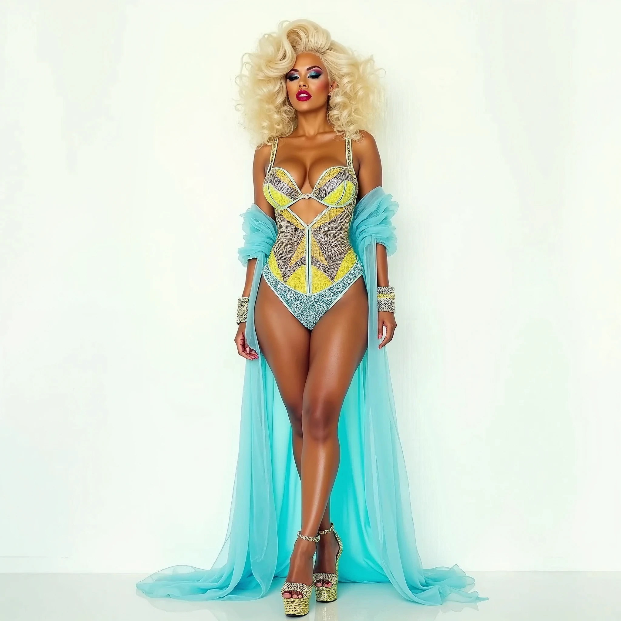 FULL BODY IMAGE: a american-italian-letonian 34 years old drag queen. Her makeup is inspired by Classic Drag. She's wearing a UNDERWATER-THEMED PROMO CAMP cyan and yellow look-lingeri-gown look with rhinestones and heels. Her blonde hair is styled in a puffy way. white background image
