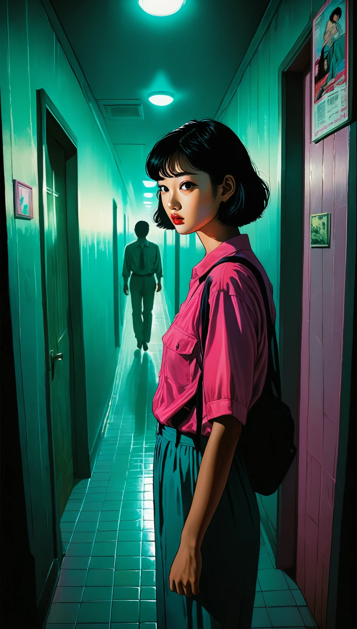 An illustration、art、80s Thai horror movie poster, Supervised by Junji Ito、(Apartment hallway:1.0)、night、Attention to detail, Realistic Shadows、Analog Style, chromatic aberration, Surrealism、Complementary Gradient