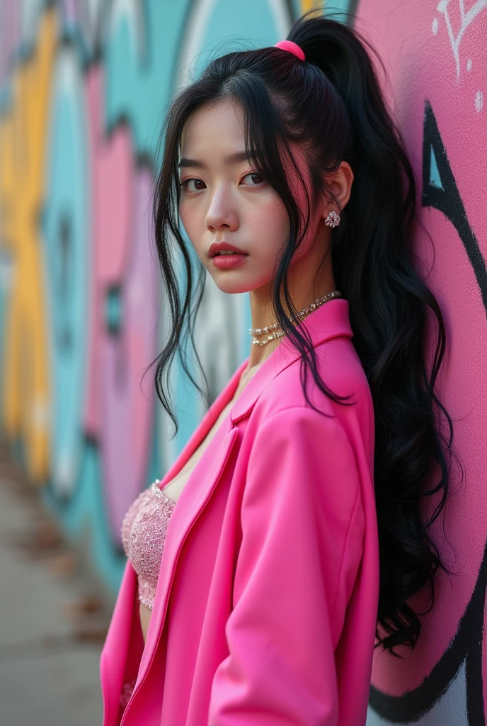 beautiful kpop idol girl wearing a pink hip-hop outfit covered elegantly, her long black hair beauty in ponytail curly, against the backdrop of a graffiti wall during the day