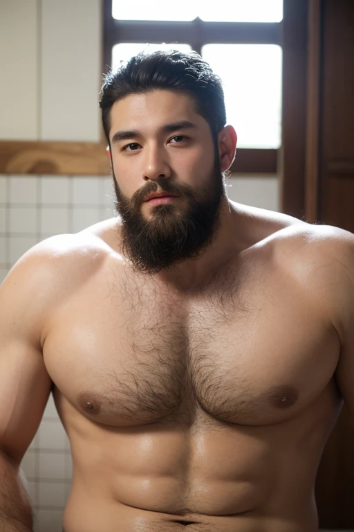 ((best quality)), ((masterpiece)), (detailed), perfect big detailed hairy plump muscle man in bath , beard, dark skin color, skinhead, Japanese men,