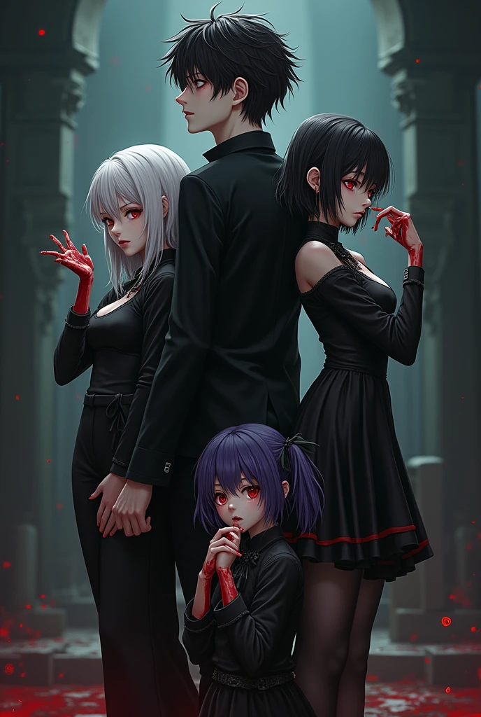 Movie action poses, background vampire kingdom, 1boy, Height one hundred and eighty, Black Red Mix Hair, red eyes, dark background, Black shirt, Black trousers, Canine tooth, Black jacket, Dim lighting, Turning your back to the camera, Glancing from the right side, masterpiece, full body, 1 girl, medium breasts, Height one hundred and sixty four, White black mix hair, Canine tooth, red eyes, Raising one hand stained with blood, 1 girl, small breasts, Height one hundred and fifty two, Black Purple Mix Hair, red eyes, Canine tooth, A little blood stain on the cheek, 1 Small child, small breasts, Height ninety one, White purple mix hair, red eyes, Licking bloodstained hands, Canine tooth