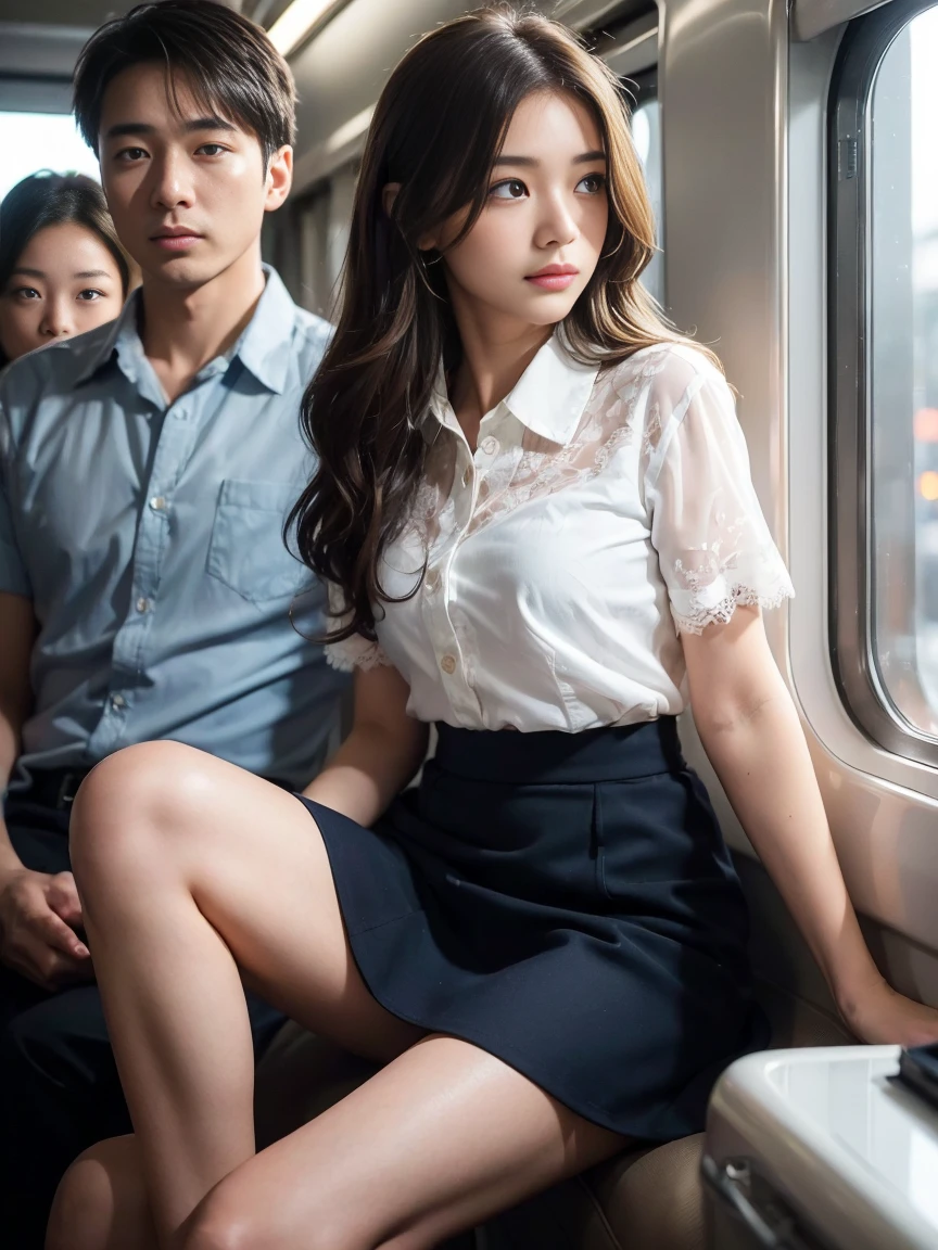 Molester、Voyeur、(The inside of the skirt is clearly visible..、Favorite Images、スカートからチラリと見えるblack lace thongVoyeur、camel toe),8k、写真画像masterpiece、Highest quality、Super Resolution、Large file size、Very detailed、High resolution、Highest quality、masterpiece、Very detailed、CG、Unified、8k wallpaper、wonderful、細部にまでこだわったmasterpiece、Highest quality、High resolution、masterpiece、outstanding features 、8k品質、(Tabletop:1.25)、 (Highest quality:1.6)、(超High resolution:1.5)、(Genuine:1.75)、8k解像度、 (RAW Photos:1.2)、(Genuineistic:1.4)、Pale light and shadow、Dindal effect、Light on the face、Cinema Lighting、((In a crowded train))、A strong wind blows through the car window、Windblown Hair、((delicate feet photos))、Low angle view from the feet、1 23-year-old female、Beautiful detailed woman、Beautiful woman with light brown hair, delicate light brown hair、disheveled curly hair、((Light brown beauty))、(hair over one eye:1.3),、Incredibly cute face、Delicate eyes、And slim、Very small waist、Very detailed eyes and face、Beautiful details、Ridiculous、((short sleeve, extremely thin shirt, collared shirt, navy skirt, black lace thong, ))、Wearing high heels、 (She is looking at the window、Anxious expression、I can't hide my bewilderment、No one will help you、Filled with sadness、I'm worried、I'm about to start crying、blush:1.3, open mouth, shy:1.3, embarrassed:1.3, ),Illumination from below、