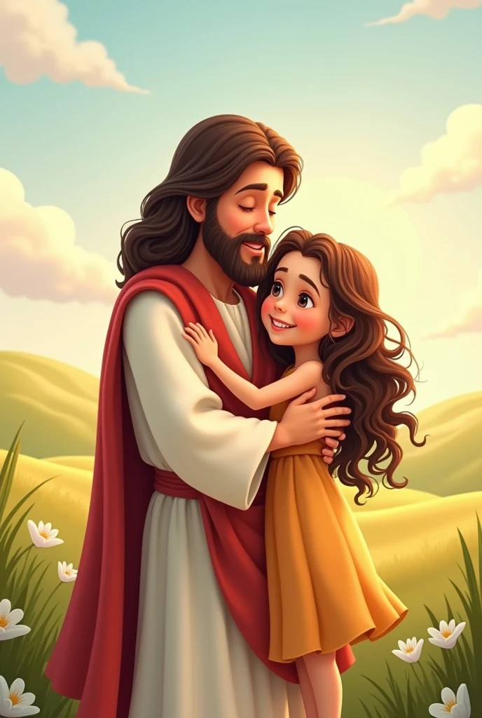 Cartoon Jesus takecare a little girls 4 years old with long curly hair and beautiful eyes
