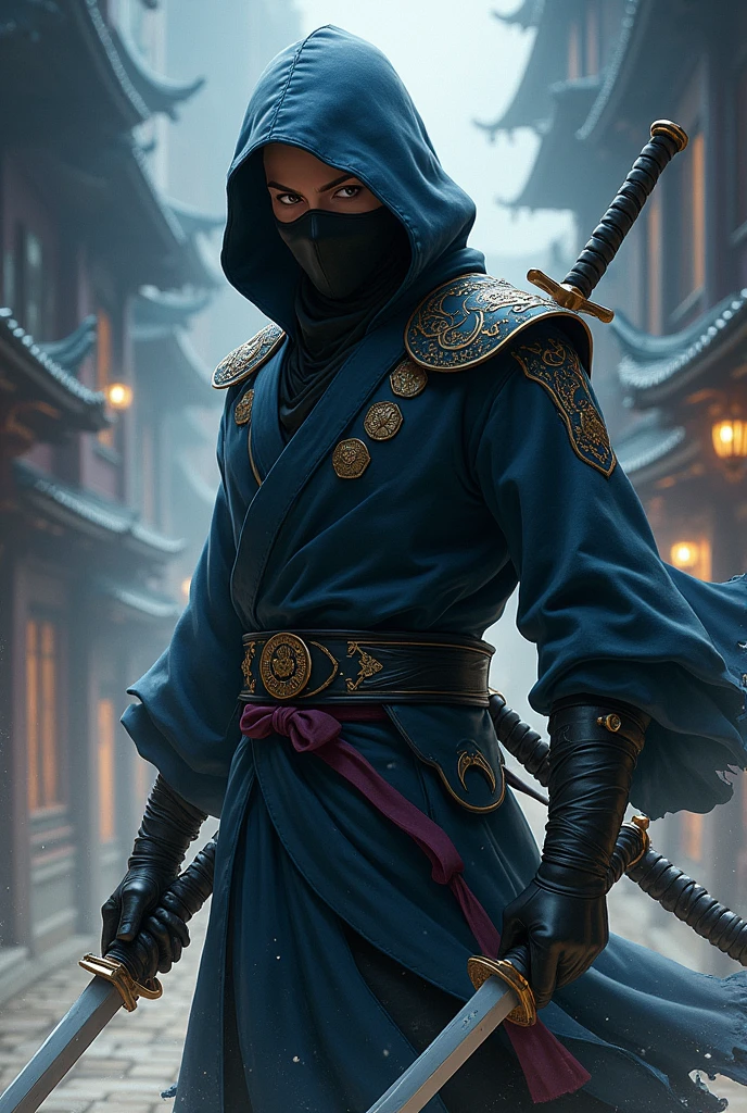 A male character who is a ninja named Hayabusa in oriental anime style, he carries swords, shurikens and the power of shadows.