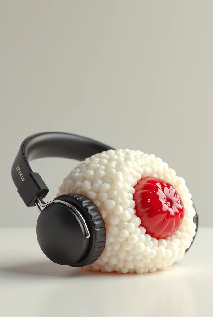 Rice ball with headphones、There is a red, round pickled plum in the middle.