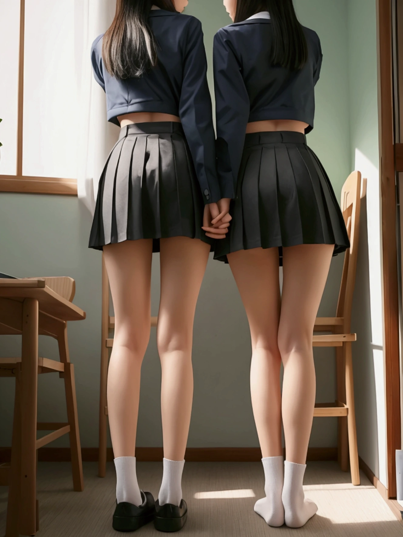 Hyperrealistic, Super Lewd 2 , No Face,Japanese School Uniform, Very long thin legs,Stick your butt out, underpants, Back view, Near the feet, Calf, Thighs, Angle from below,ankle socks, Very short skirt,standing, tall, one person&#39;s, ((Highest quality)), Ultra-detailed drawing