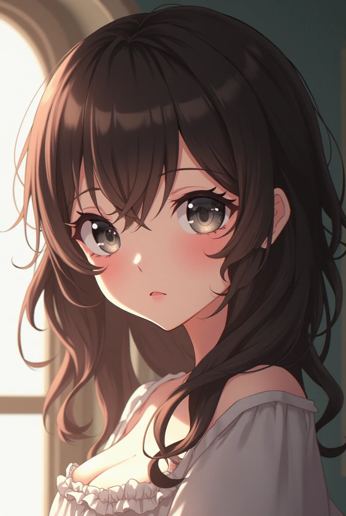 A brown-haired girl with wavy hair, white skin gray eyes anime style