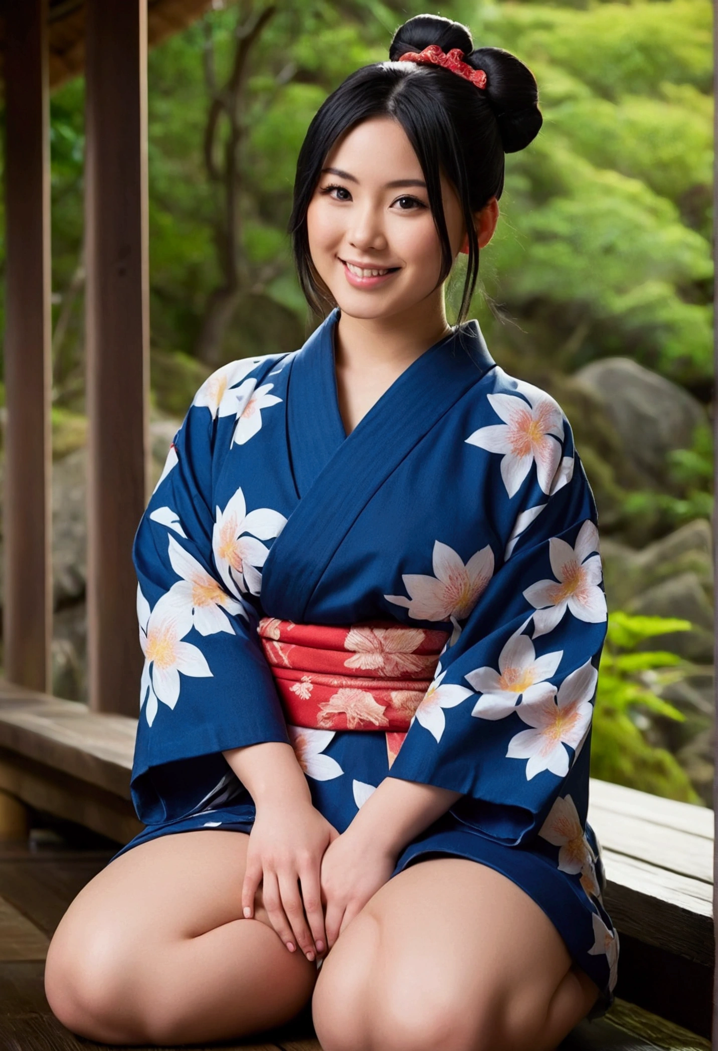 Beautiful female model,20 years old,Japanese ethnic group,thick body type,tattooed white skin,big breasts,big ass thick thighs,facing a seductive smile,Black hair color,bun hair type,blue eye color,yukata clothing,full body photo distance,full body view,portrait screen type,seductive pose action,hot spring place,cinematic scene lighting,realism style