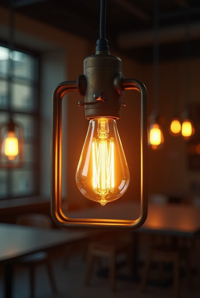 Light bulb in an industrial-era lamp, but modern and lively