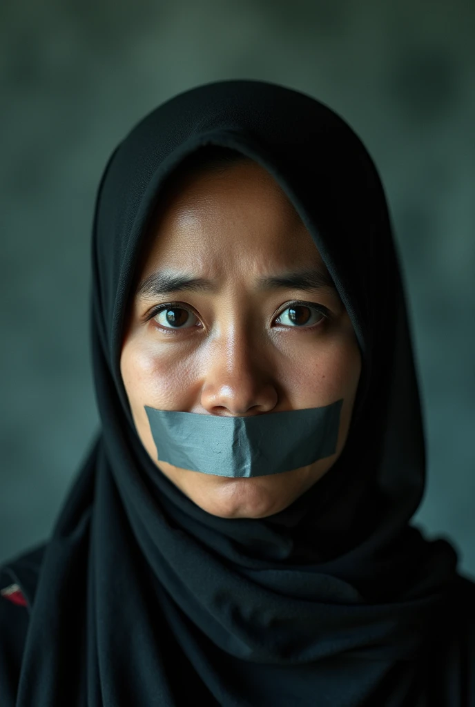 (photography)(dynamic) A closeup face of a female Malay, wearing hijab. Tape gagged mouth. Crying.