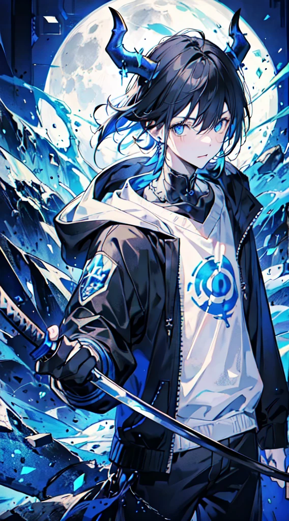 1 person, best quality, masterpiece, 1 teen boy, scruffy black hair, bangs, Blue eyes, long earrings, black hoodie, blue demon horns,  blue katana, at the back, moon, dark night, looking at viewer, upper body.