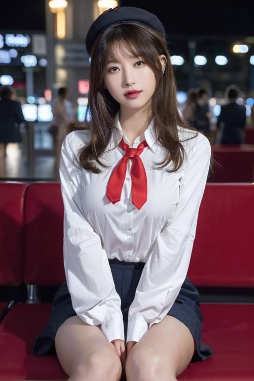 Highest quality,Ultra HD,(((whole body,Includes legs)))、(((The perfect uniform of a Japanese stewardess, Red striped tie, Best Dressed Uniform、Tekast, white formal short gloves,(黒のHigh heels), ((Mini microphone in hand)),Japan CA,jA small smile,白いTight blouse)))、((Navy bowler hat 1.4)), White gloves, High heels、(Photo realistic:1.4)、(Surreal:1.4)、(Realistic:1.3)、 (Gentle lighting: 1.05)、32K、 One woman、35-year-old woman、Photorealistic Lighting、Backlight、Facial Light、Ray-tracing、(bright:1.2)、(Improvement of quality:1.4)、 (Highest qualityのリアルテクスチャスキン)、Beautiful Eyes,Delicate and elegant features, Chest close-up, White blouse,Tight blouse,tight Best Dressed Uniform, (Improve your body line mood:1.1),((Glowing Skin 1.4))、((Wavy blonde hair 1.5)),Korean Idol、Idol Pose、A small smile,blush,Beautiful actress、A proper woman,whole body, (((Good sized breasts,Beautiful breasts))),(Perfect teeth alignment),narrow waist and hips,Beautiful long legs,Full Shot)、((8 heads))、(((Tempting、Embarrassing))),(eye shadow),((Red cheeks、Red lips)),Super beautiful night view、at night,A small smile,(((Full Shot)))、(((Airport terminal background 1.5))),