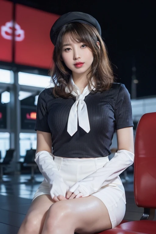 Highest quality，Ultra HD，(((whole body,Includes legs)))、(((The perfect uniform of a Japanese stewardess, Red striped tie, Best Dressed Uniform、Tekast, white formal short gloves,(黒のHigh heels), ((Mini microphone in hand)),Japan CA，jA small smile,白いTight blouse)))、((Navy bowler hat 1.4)), White gloves, High heels、(Photo realistic:1.4)、(Surreal:1.4)、(Realistic:1.3)、 (Gentle lighting: 1.05)、32K、 One woman、35-year-old woman、Photorealistic Lighting、Backlight、Facial Light、Ray-tracing、(bright:1.2)、(Improvement of quality:1.4)、 (Highest qualityのリアルテクスチャスキン)、Beautiful Eyes,Delicate and elegant features, Chest close-up, White blouse,Tight blouse,tight Best Dressed Uniform, (Improve your body line mood:1.1),((Glowing Skin 1.4))、((Wavy blonde hair 1.5)),Korean Idol、Idol Pose、A small smile,blush,Beautiful actress、A proper woman,whole body, (((Good sized breasts,Beautiful breasts))),(Perfect teeth alignment),narrow waist and hips,Beautiful long legs,Full Shot)、((8 heads))、(((Tempting、Embarrassing))),(eye shadow),((Red cheeks、Red lips)),Super beautiful night view、at night,A small smile,(((Full Shot)))、(((Airport terminal background 1.5))),