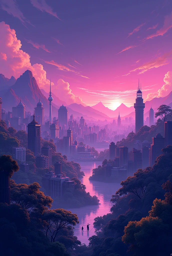 Banner 2.560 x 1.440 for roleplay server, buildings in the purple background, right next to the banner written "Play Brazilian Roleplay"