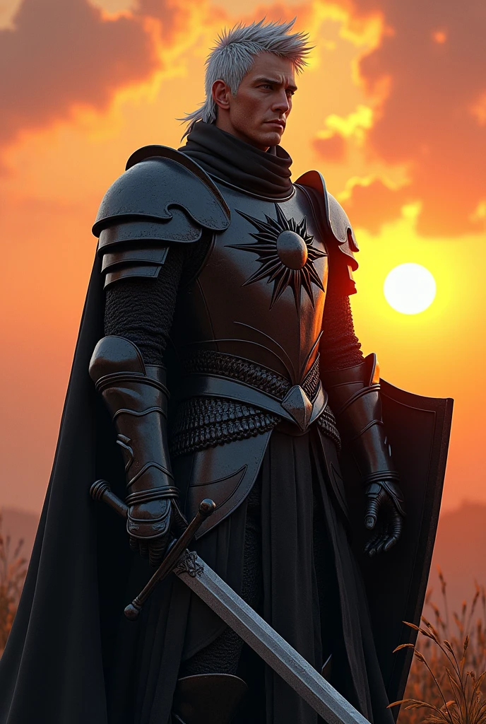 A tall man, with silver and spiky hair, silver colored eyes, At the sunset, with black medieval armor with a black sun on the chest, with a circular shield and a long sword in his hands