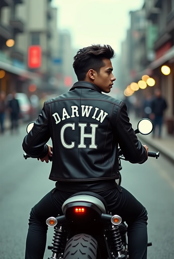 motorcyclist young on a motorcycle (posing) with a jacket that has his name Darwin Ch on the back