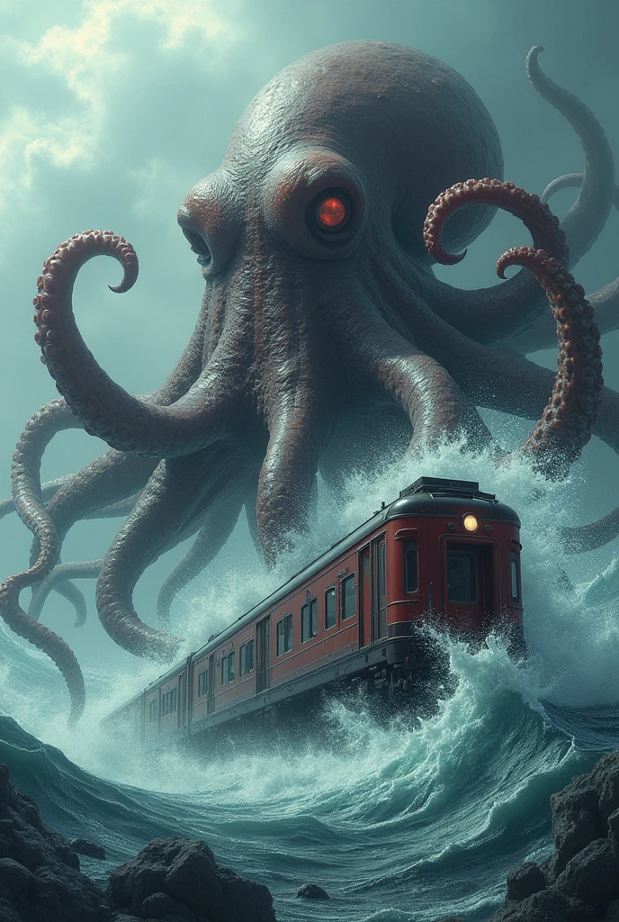 Giant octopus with terror claw in the middle of the sea grabbing a train