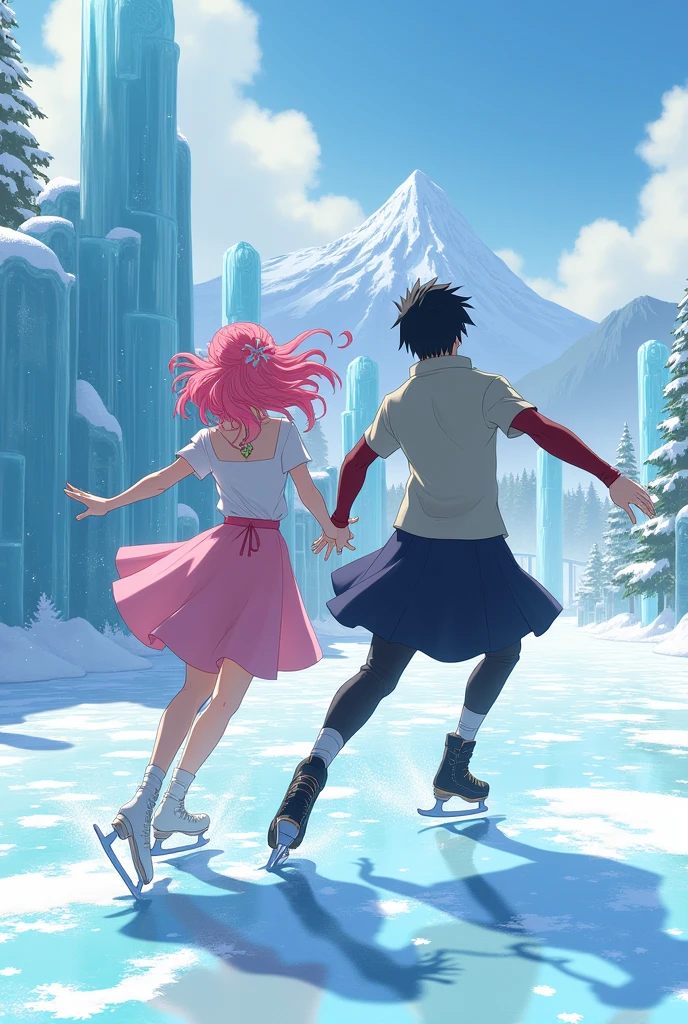 Sakura Haruno with big curly pink hair and Sasuke Uchicha skating on an ice rink
 