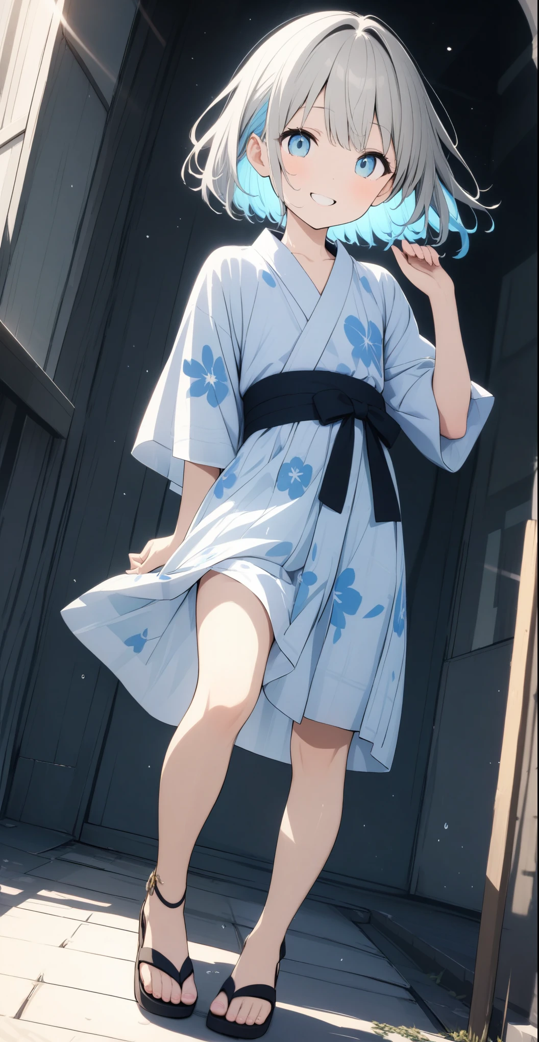 15 year old pretty girl, ((Cute Accessories、Fashionable yukata outfit、Sandals))、(Grey hair colour、Light blue inner color hairstyle), Beautiful Hair, Facial Contour, Remember, station、 sunlight、splash, Lens flare,, Natural Color, High resolution, Very delicate, Very detailed, 8k,(Breast swelling、About B cup)、(Shyness),((Sexual))、(Sexualな画角)、smile、Full body angle