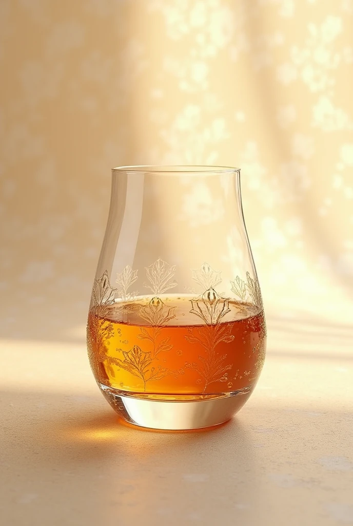 show a short glass of wiskey with many details with a beige background with many details and a shadow