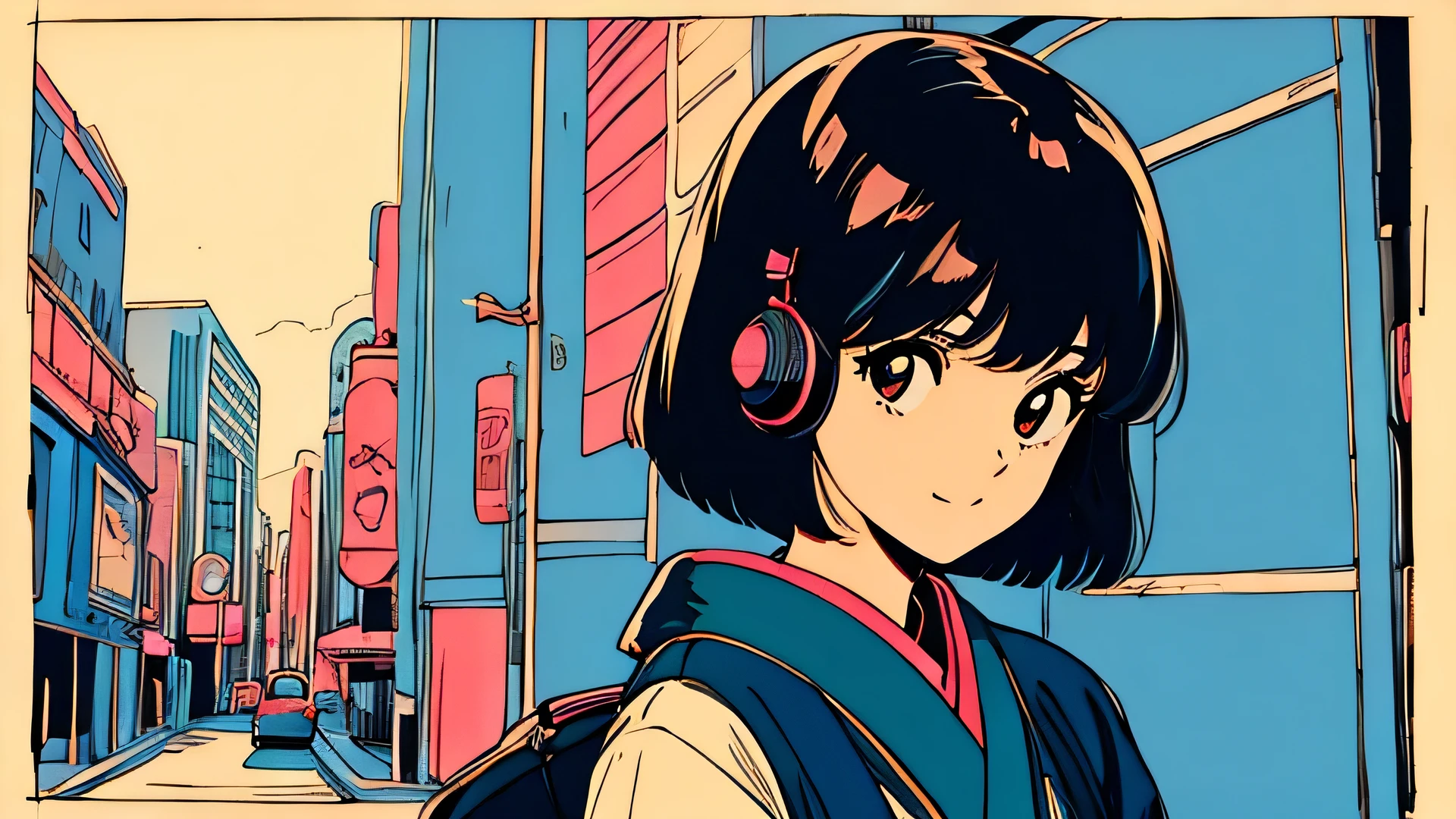 masterpiece, City Pop Style, Black Hair, Japanese, fluffy bob cut, (Wear headphones), Shoulder length, Single, alone, Futuristic, still, praise, Retro, Vintage, A light smile,(background80Japanese streetscapes from the 1960s)