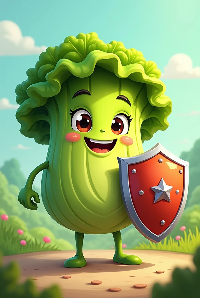 A lettuce with a face holding a shield, cartoon style
