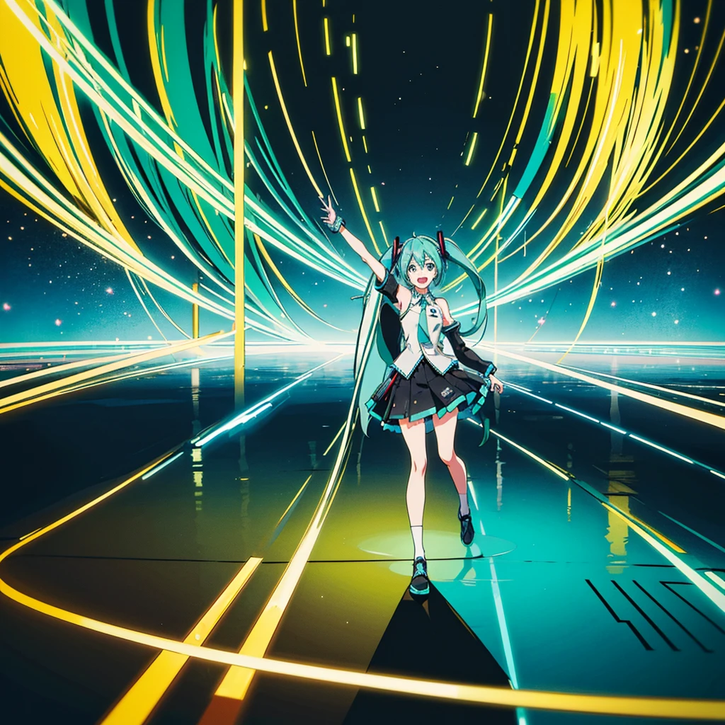 Hatsune Miku at a concert, singing, dancing, many people near the stage, lights, horizontal view, there are enthusiastic fans in the distance, holding light signs and glow sticks, bright picture, bright background, panoramic view, full body