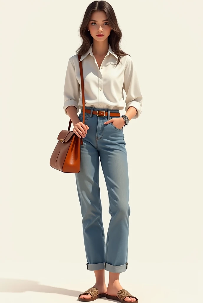 ((best quality,4K,highres,masterpiece:1.2)),((Concept art for characters)), 1 Frau, age 17. For a casual weekend outfit, (((She wears a relaxed yet chic ensemble by Hermes. She wears a simple white silk blouse by Hermes and the iconic high-waisted, Jeans with belt))). The outfit is rounded off by a pair of comfortable Hermes Oran sandals, perfect for a relaxing weekend trip. Her accessories include a classic Hermes Evelyne shoulder bag and a stylish Hermes enamel bracelet. Despite the casual nature of her outfit, Her style exudes effortless elegance and sophistication, which is characteristic of the Hermes brand. ((elaborate details)), superfeine, detailed hands, ultra-fine detailed fingers(((ten fingers))), (stand casually), (Full Body Showcase), (Show full body), (no logos on background), (no logo), ((simple backround)), ((simple backround)), (((blank background))).