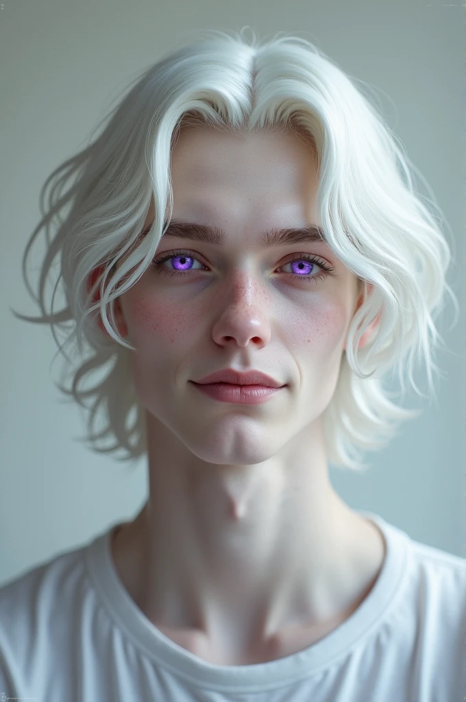 Albino man with purple eyes, wavy hair and a manly jaw, no beard, smiling