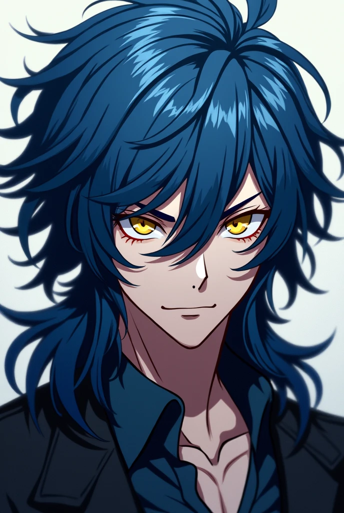 character blue haired man with yellow eyes, wavy fur, defined face, anime style
