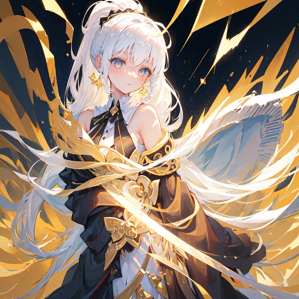 A girl with a white high ponytail,White hair,Gorgeous clothes,Black gold tone,Stars are shining around the body,Smart,((Pure golden background))