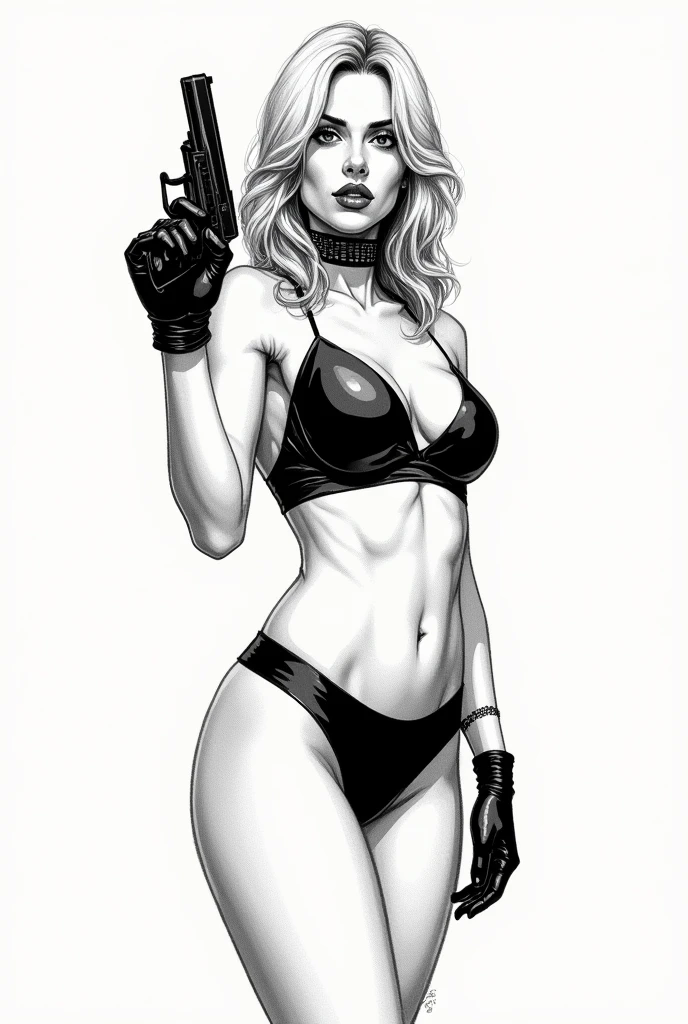 creat a girl holding a gun with both hands in front of telespectator, pointing at telespectator, black and white, fine sketch, style of pop art, she wearing a black gloves, thin black panties and thin black bra, she's got a choke in the neck, skinny, style of andy warlhol, pulp, black and white, very fine sketch, blonde, tall, sexy, big breasts