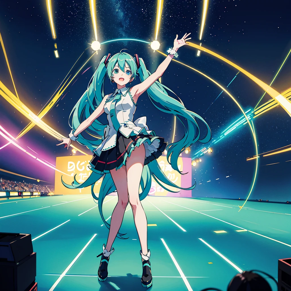 Hatsune Miku at a concert, singing, dancing, many people near the stage, lights, horizontal view, there are enthusiastic fans in the distance, holding light signs and glow sticks, bright picture, bright background, panoramic view, full body