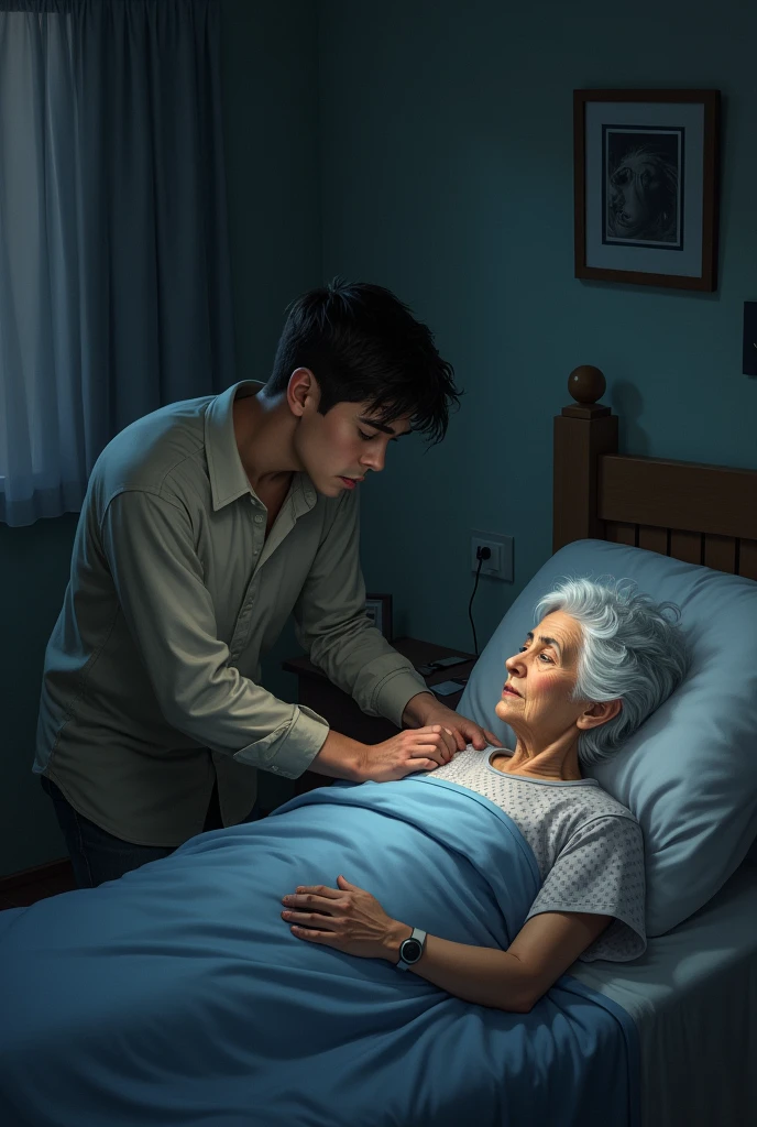 Mother is very ill and the son goes to meet her