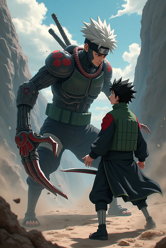Sasori in autonomous puppet mode piercing Kakashi Hatake's neck in a fight to the death