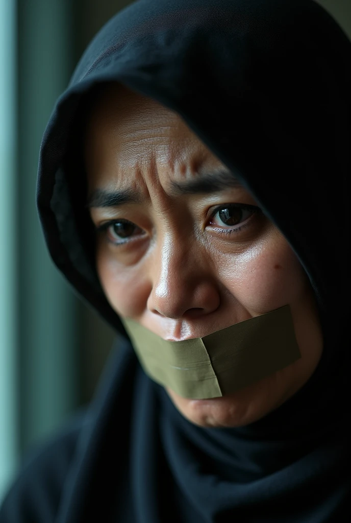 (photography)(dynamic) A closeup face of a female Malay, wearing hijab. Tape gagged mouth. Crying.