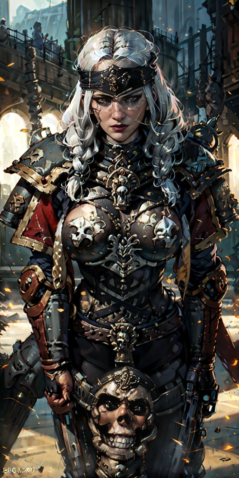 (masterpiece:1.2), (best quality:1.2), perfect eyes, perfect face, perfect lighting, Christina Chong beautiful face, narrowed eyes. smirk. black braided hair solo,long hair, mature bigbreastplate whore Sororitas with bolter gun in hands, blindfolded cover eyes, white hair, skulls on the ground, warhammer 40k, detailed battlefield background
