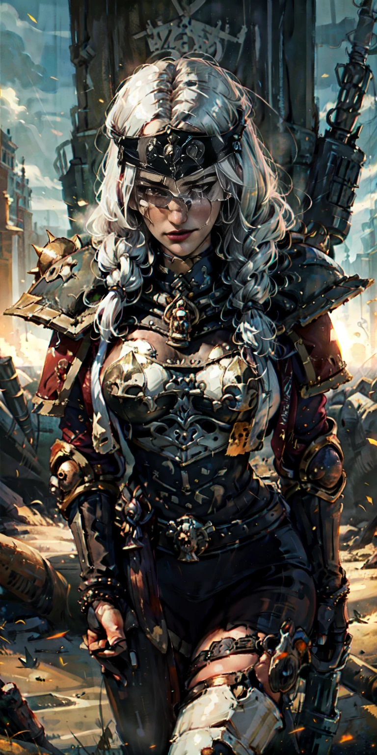 (masterpiece:1.2), (best quality:1.2), perfect eyes, perfect face, perfect lighting, Christina Chong beautiful face, narrowed eyes. smirk. black braided hair solo,long hair, mature bigbreastplate whore Sororitas with bolter gun in hands, blindfolded cover eyes, white hair, skulls on the ground, warhammer 40k, detailed battlefield background
