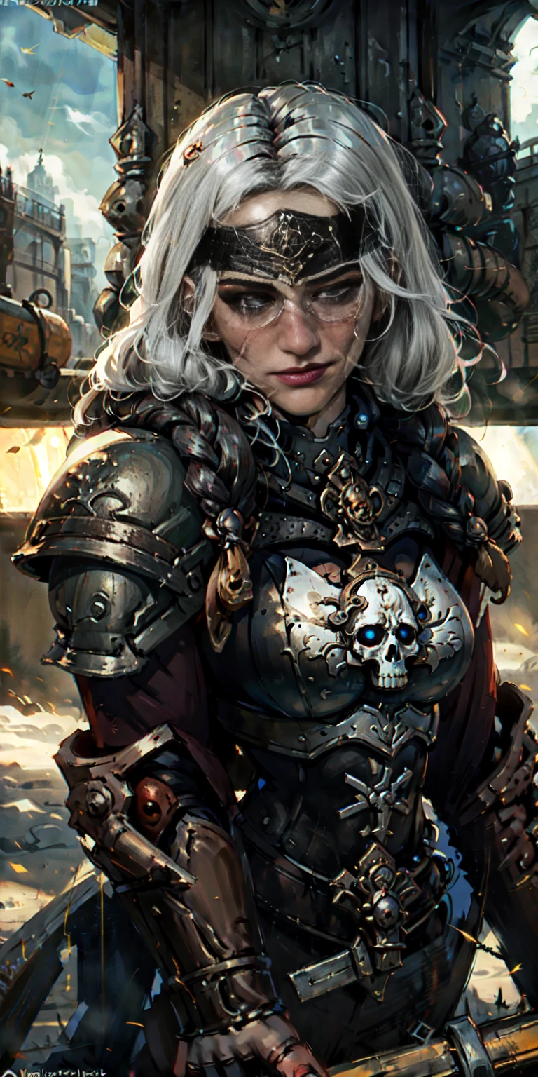(masterpiece:1.2), (best quality:1.2), perfect eyes, perfect face, perfect lighting, Christina Chong beautiful face, narrowed eyes. smirk. black braided hair solo,long hair, mature bigbreastplate whore Sororitas with bolter gun in hands, blindfolded cover eyes, white hair, skulls on the ground, warhammer 40k, detailed battlefield background