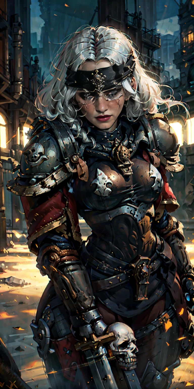 (masterpiece:1.2), (best quality:1.2), perfect eyes, perfect face, perfect lighting, Christina Chong beautiful face, narrowed eyes. smirk. black braided hair solo,long hair, mature bigbreastplate whore Sororitas with bolter gun in hands, blindfolded cover eyes, white hair, skulls on the ground, warhammer 40k, detailed battlefield background
