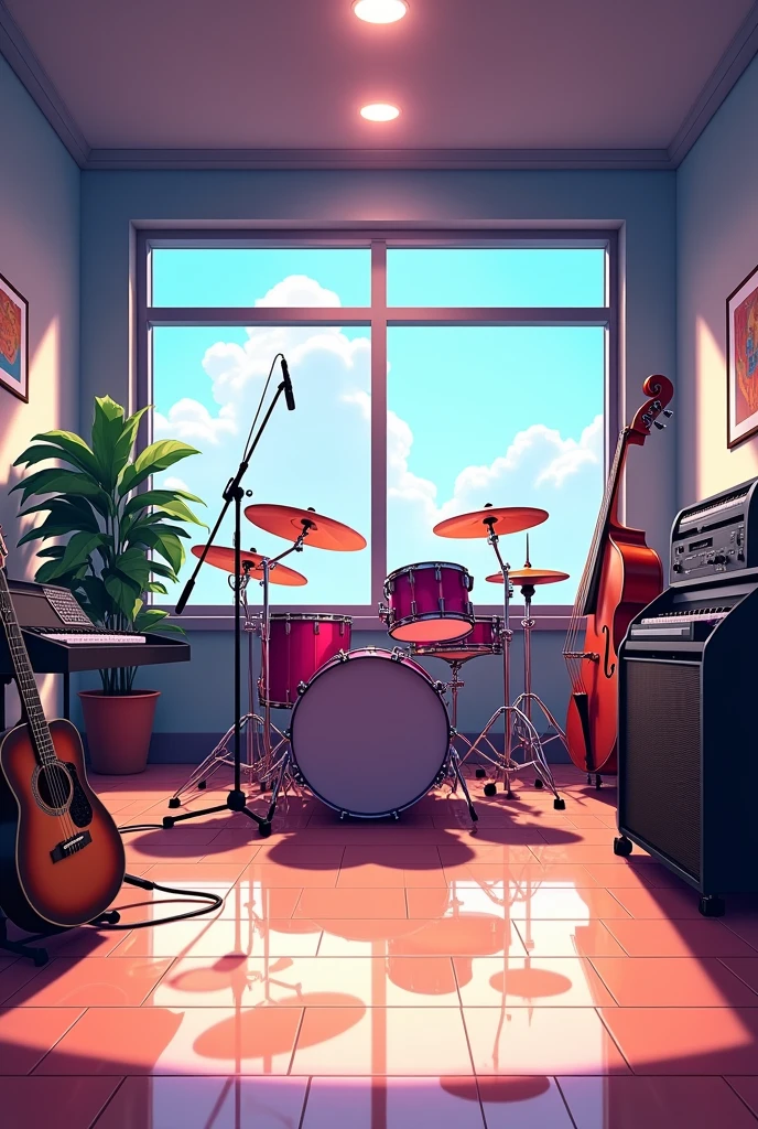 Create a band practice room with drums, bass, organ and mic but no one, more interior and anime style drawing. The gym is in the basement but has plenty of light.