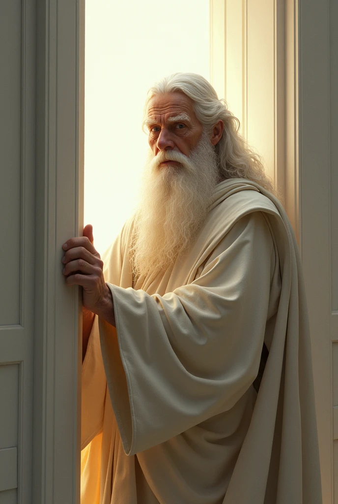 Create an older man with a beard and white hair dressed in a biblical-style robe closing a narrow white door in heaven