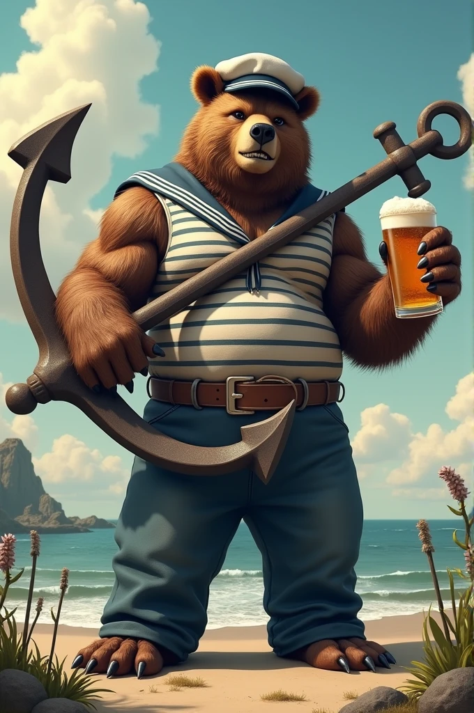 Bear with huge muscles dressed as a sailor with beer, giant anchor without water